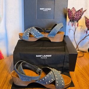 Saint Laurent Denim Studded Platform Sandals - Blue